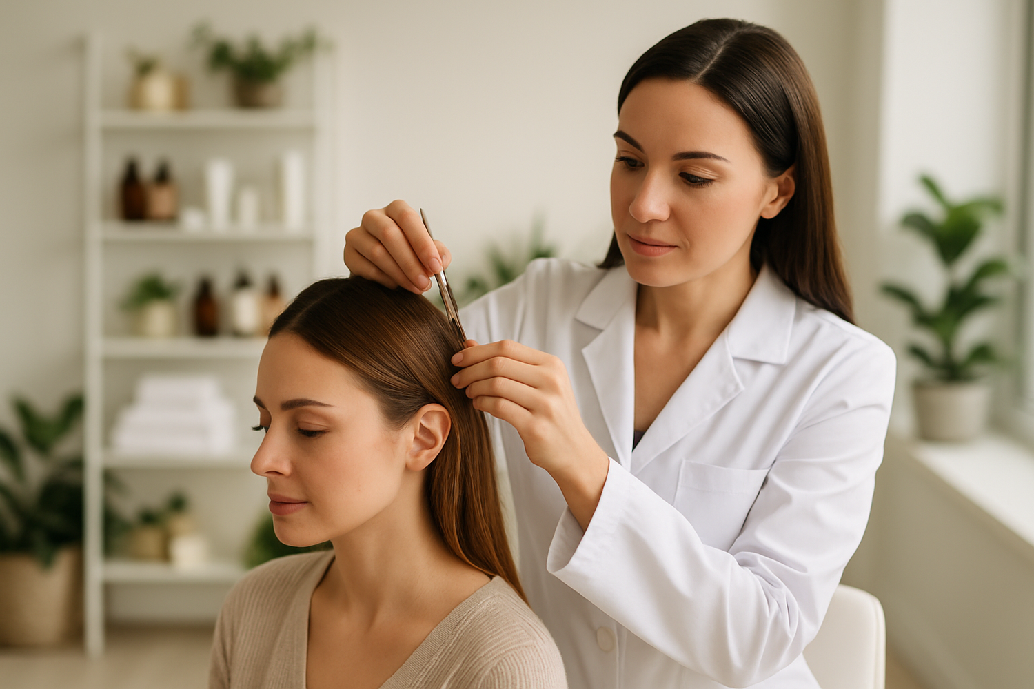 A realistic stock photo of a wellness clinic setting. A professional-looking woman with light skin, wearing a white lab coat, is gently collecting a hair sample from the back of a female client's head using tweezers. The client is calm and seated in a clean, modern space with natural lighting. The scene conveys professionalism, care, and a sterile environment. In the softly blurred background, shelves display natural wellness products and greenery. No logos or text. Square format.