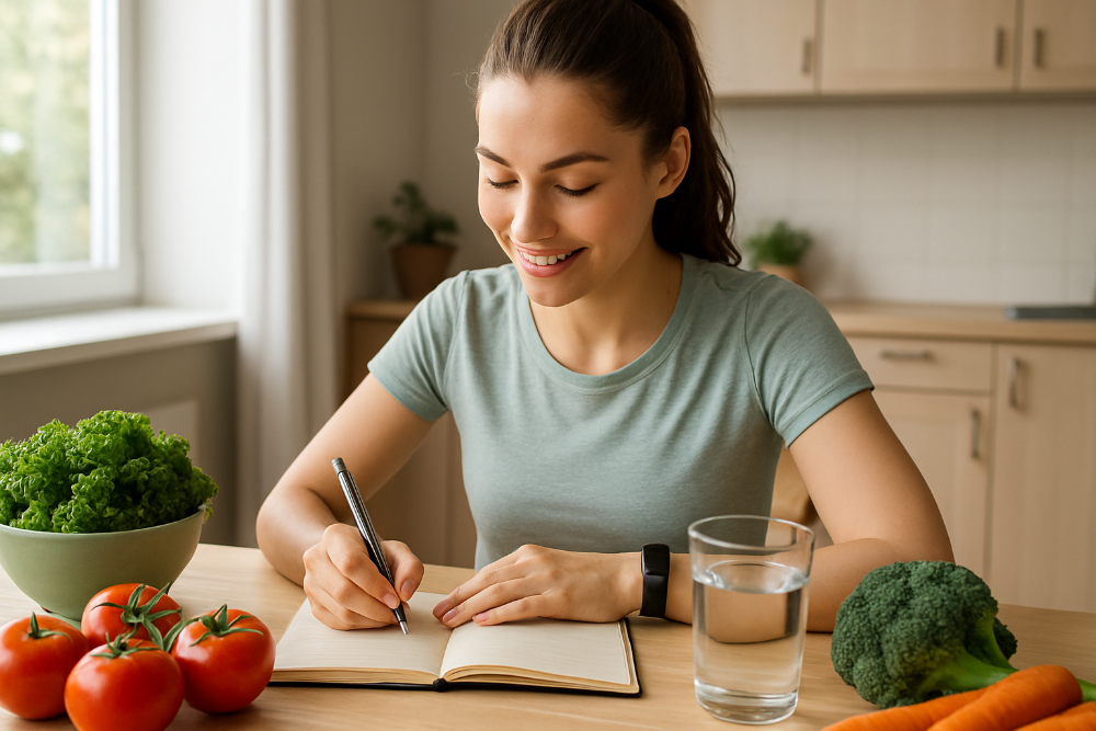 A square stock photo of a healthy young woman journaling at a kitchen table, surrounded by fresh vegetables, a glass of water, and a fitness tracker. Natural light coming from a window. The scene represents a balanced lifestyle and health awareness. High quality, realistic photo, 1:1 aspect ratio.