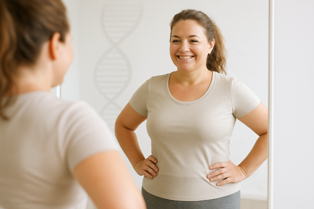 A square stock photo of a confident adult woman looking at herself in the mirror with a smile, wearing comfortable activewear. Behind her, subtle DNA helix graphics are softly overlaid in the background wall (not too prominent). The scene represents self-empowerment, change, and the ability to influence one’s health and genetics through lifestyle. Natural lighting, bright and clean setting. High-quality, realistic photo, 1:1 aspect ratio.